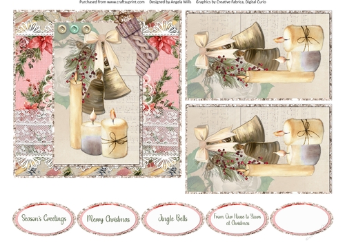 Lacy Christmas Ephemera 14: Bells & Candles 6 x 6 Card Front with Toppers and Sentiments