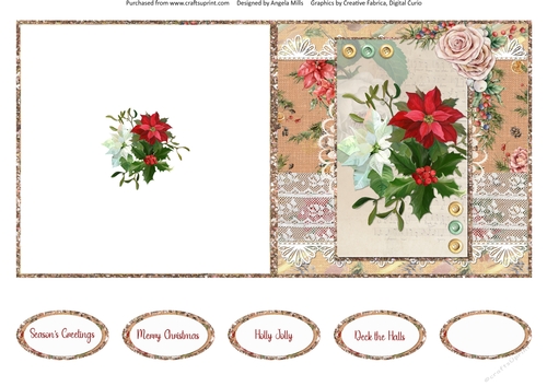 Lacy Christmas Ephemera 6: Poinsettia Bouquet 5 x 5 Quick Cut and Fold Card with Sentiments