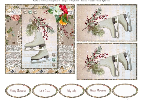 Lacy Christmas Ephemera 11: Ice Skates 6 x 6 Card Front with Toppers and Sentiments