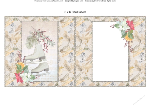 Lacy Christmas Ephemera 11: Ice Skates 6 x 6 Blank Card Insert with Gold/Taupe Floral Background