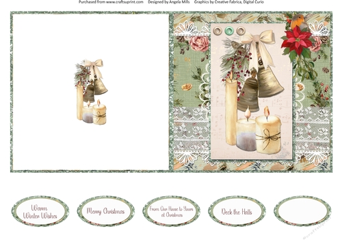 Lacy Christmas Ephemera 15: Bells & Candles 5 x 5 Quick Cut & Fold Card with Sentiments, Ivory/Green