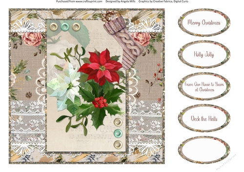 Lacy Christmas Ephemera 7: Poinsettia Bouquet 8 x 8 Quick Card Front with Sentiments