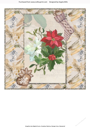 Lacy Christmas Ephemera 7: Poinsettia Bouquet 8 x 8 Blank Card Insert with Gold/Taupe Background