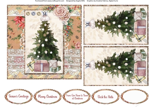 Lacy Christmas Ephemera 8: Christmas Tree 6 x 6 Card Front with Toppers and Sentiments
