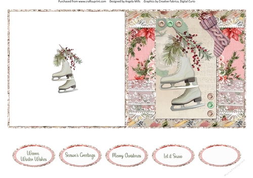 Lacy Christmas Ephemera 12: Ice Skates 5 x 5 Quick Cut & Fold Card with Sentiments