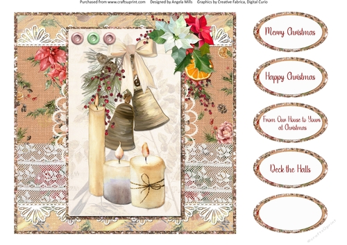 Lacy Christmas Ephemera 16: Bells & Candles 8 x 8 Quick Card Front with Sentiments