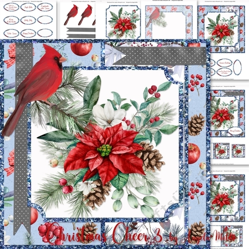 Christmas Cheer 3: Red Cardinal & Poinsettia Bouquet 7 x 7 Card Mini Kit, 7 Sheets