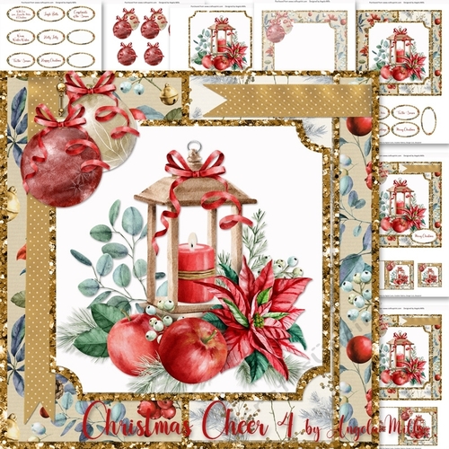 Christmas Cheer 4: Christmas Cande Lantern, Baubles & Poinsettia Bouquet 7 x 7 Card Mini Kit, 7 Sheets