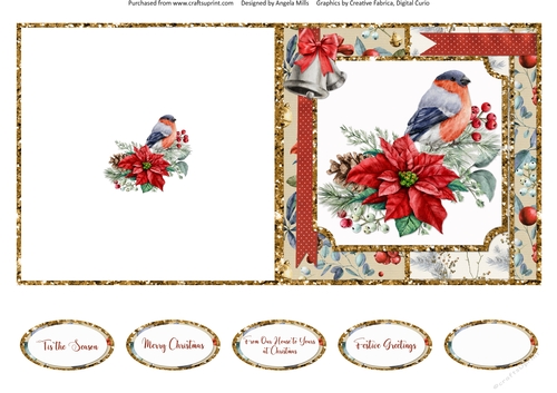 Christmas Cheer 9: Bullfinch, Bells & Poinsettia Bouquet 5 x 5 Quick Cut & Fold Card with Sentiments