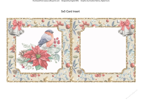 Christmas Cheer 9: Bullfinch, Bells & Poinsettia Bouquet 5 x 5 Blank Card Insert with Floral/Greenery Background