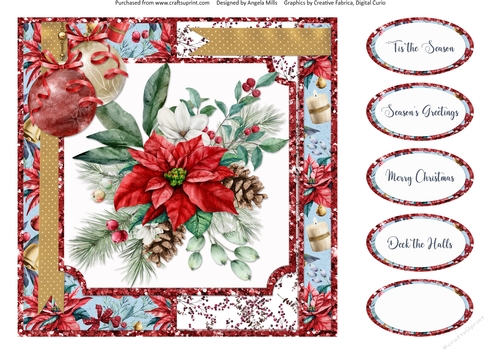 Christmas Cheer 13: Poinsettia Bouquet & Christmas Baubles 8 x 8 Quick Card Front with Sentiments