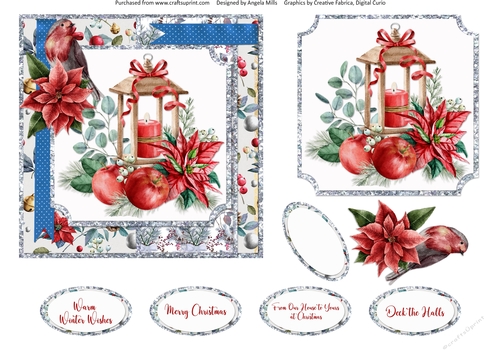 Christmas Cheer 14: Christmas Candle Lantern & Poinsettia Bouquet w/Robin 6 x 6 Card Front with Topper, Decoupage and Sentiments