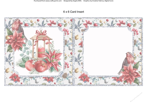 Christmas Cheer 14: Christmas Candle Lantern & Poinsettia Bouquet w/Robin 6 x 6 Blank Card Insert with Red/Silver/Ivory Floral Background