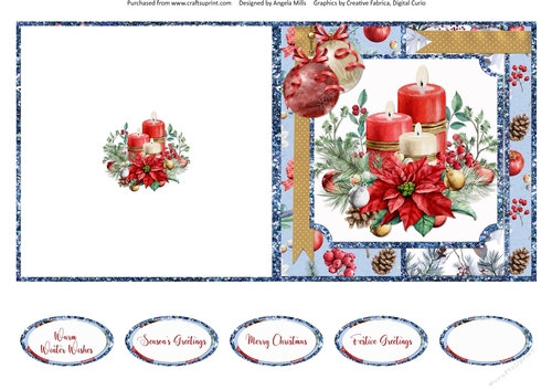 Christmas Cheer 6: Christmas Candles & Poinsettia Bouquet 5 x 5 Cut & Fold Card with Sentiments
