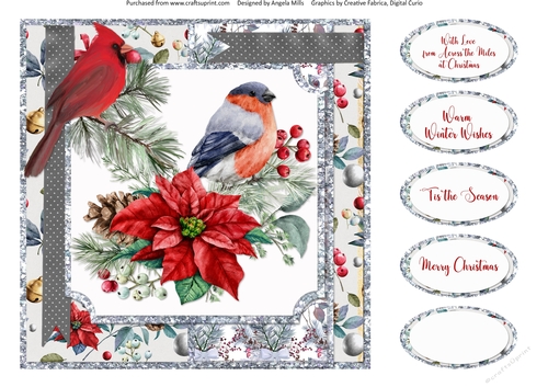 Christmas Cheer 10: Bullfinch/Red Cardinal/Poinsettia 8 x 8 Quick Card Front with Sentiments