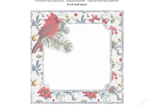 Christmas Cheer 10: Red Cardinal/Poinsettia 8 x 8 Blank Card Insert Panel with Silver/Red Floral Background