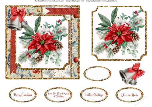 Christmas Cheer 11: Poinsettia Bouquet/Bells 6 x 6 Card Front with Topper, Decoupage and Sentiments