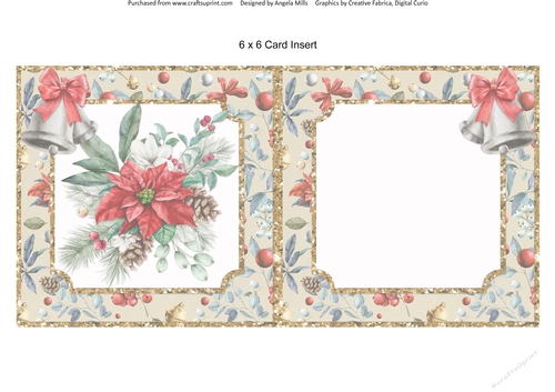 Christmas Cheer 11: Poinsettia Bouquet/Bells 6 x 6 Blank Card Insert with Gold/Red Floral Background