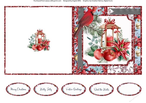 Christmas Cheer 15:Christmas Candle Lantern/Red Cardinal 5 x 5 Quick Cut & Fold Card with Sentiments