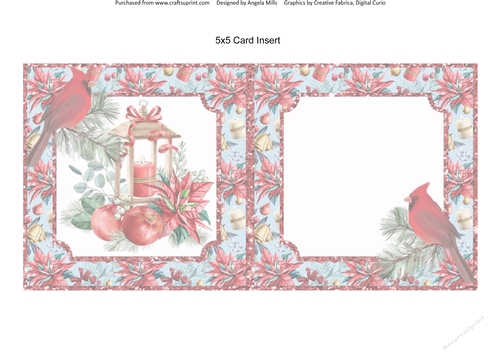 Christmas Cheer 15:Christmas Candle Lantern/Red Cardinal 5 x 5 Blank Card Insert with Blue/Red Poinsettias Background