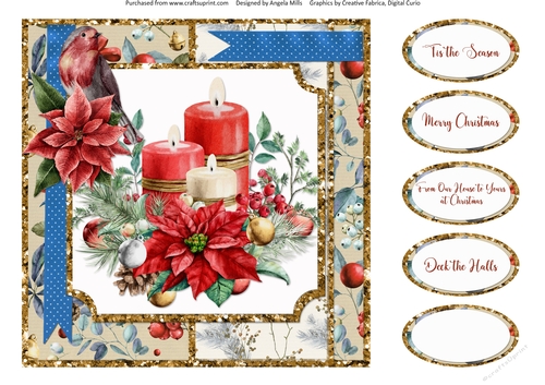 Christmas Cheer 7: Christmas Candles/Poinsettia/Robin 8 x 8 Quick Card Front with Sentiments