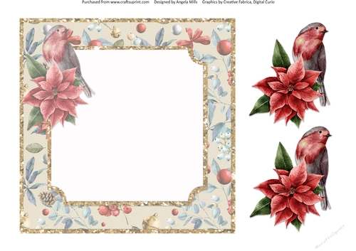 Christmas Cheer 7: Poinsettia/Robin 8 x 8 Blank Card Insert with Gold/Floral Background and Robin/Poinsettia Decoupage
