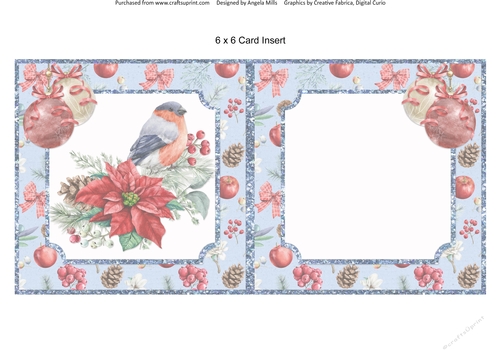 Christmas Cheer 8: Bullfinch/Poinsettia/Baubles 6 x 6 Card Insert with Blue/Red Festive Background
