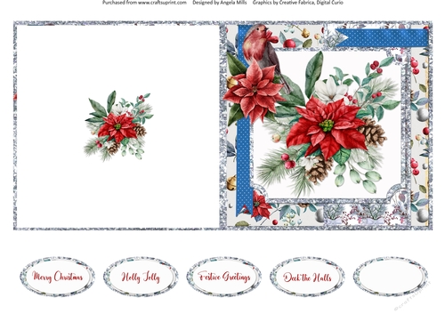 Christmas Cheer 12: Poinsettia Bouquet/Robin 5 x 5 Quick Cut & Fold Card with Sentiments