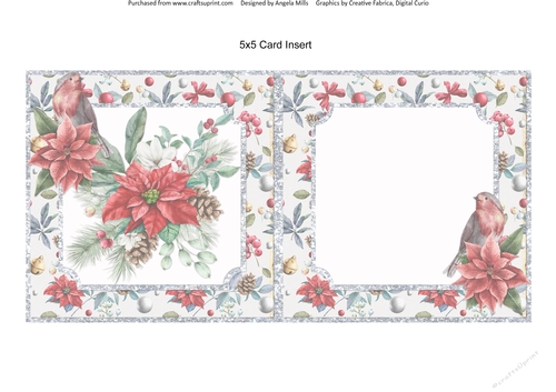 Christmas Cheer 12: Poinsettia Bouquet/Robin 5 x 5 Blank Card Insert with Red/Silver/Ivory Background 