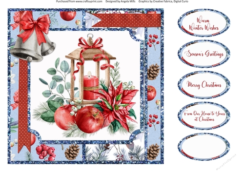 Christmas Cheer 16: Christmas Candle Lantern/Bells 8 x 8 Quick Card Front with Sentiments