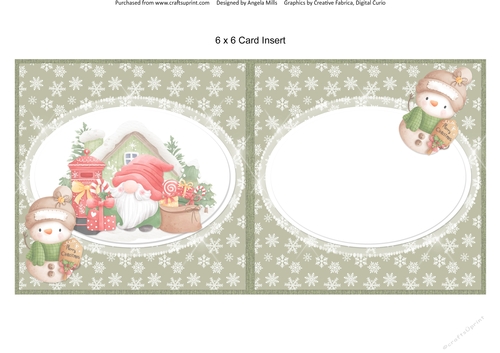 Festive Cuties 5: Postbox Gnome 6 x 6 Blank Card Insert with Green Snowflakes Background