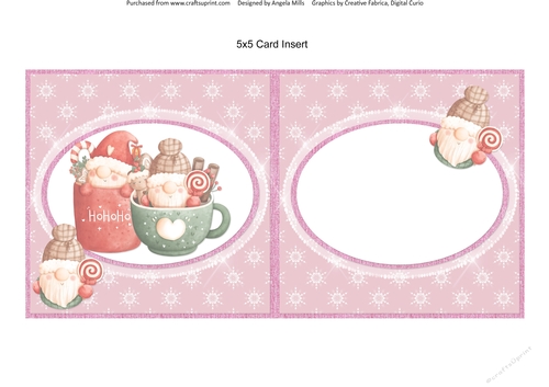 Festive Cuties 9: Cocoa Cup Gnomes 5 x 5 Blank Card Insert with Pink Snowflakes Background