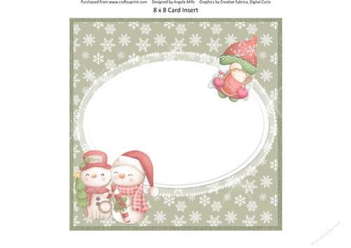 Festive Cuties 13: Snowmen 8 x 8 Blank Card Insert Panel with Green Snowflakes Background