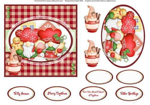 Festive Cuties 14: Christmas Cookie Gnomes 6 x 6 Card Front with Topper, Decoupage and Sentiments