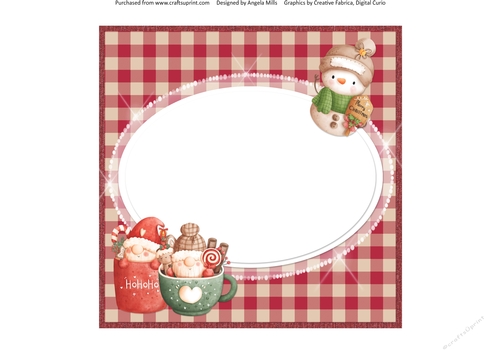 Festive Cuties 10: Cocoa Cup Gnomes 8 x 8 Card Insert Panel with Red/Tan Gingham Check Background