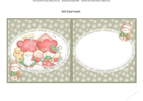 Festive Cuties 15: Cookie Gnomes 5 x 5 Blank Card Insert with Green/White Snowflakes Background