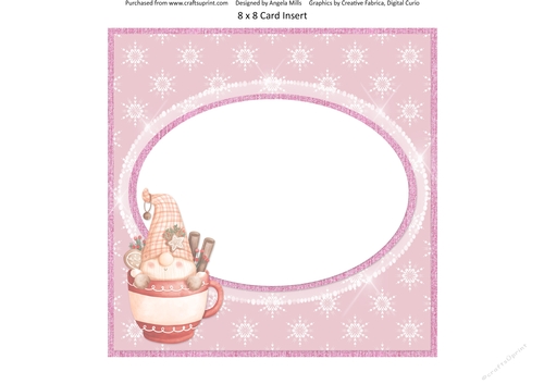 Festive Cuties 7: Cocoa Cup Gnome 8 x 8 Blank Card Insert with Pink/White Snowflake Background