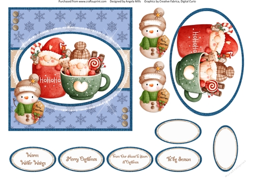 Festive Cuties 8: Cocoa Cup Gnomes 6 x 6 Card Front with Topper, Decoupage and Sentiments