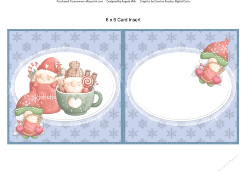 Festive Cuties 8: Cocoa Cup Gnomes 6 x 6 Blank Card Insert with Blue Snowflake Background