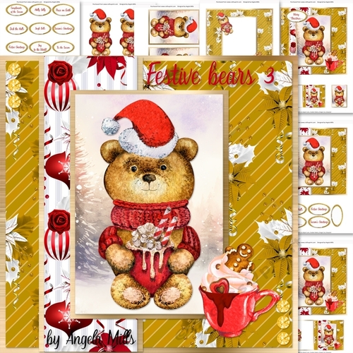 Festive Bears 3: Cocoa Cup Teddy Bear 7 x 7 Card Mini Kit, 7 Sheets