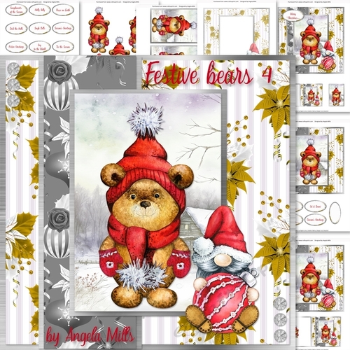 Festive Bears 4: Pom Pom Teddy Bear 7 x 7 Card Mini Kit, 7 Sheets