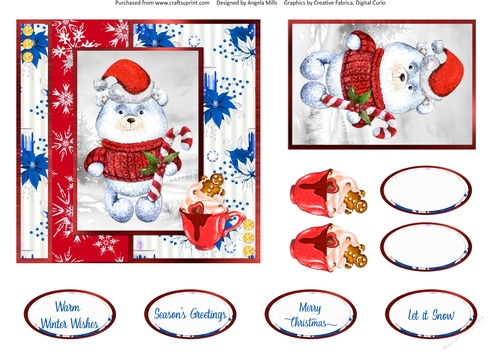 Festive Bears 5 Santa Hat Polar Bear 6 x 6 Card Front with Topper, Decoupage and Sentiments