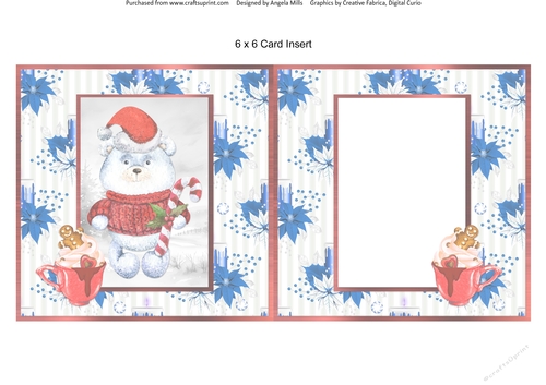 Festive Bears 5 Santa Hat Polar Bear 6 x 6 Blank Card Insert with Blue/White Poinsettias Background