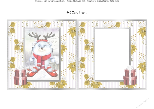 Festive Bears 9: Polar Bear on Skis 5 x 5 Blank Card Insert with Gold Poinsettias Background