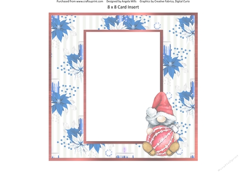 Festive Bears 13: Christmas Bauble Gnome 8 x 8 Blank Card Insert with Blue/White Poinsettias Background