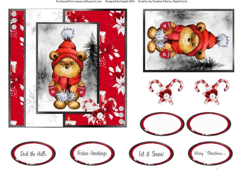 Festive Bears 14: Pom Pom Bear 6 x 6 Card Front with Topper, Decoupage and Sentiments
