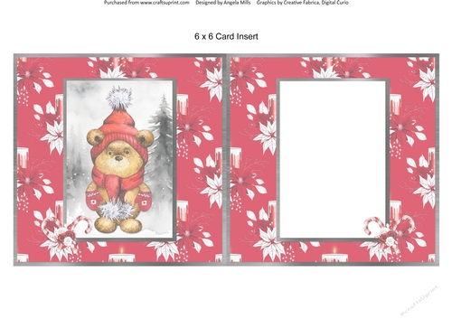 Festive Bears 14: Pom Pom Bear 6 x 6 Blank Card Insert with Red/White Poinsettias & Candles Background