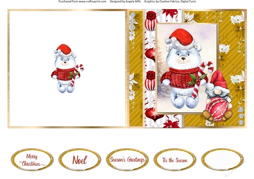 Festive Bears 6: Santa Hat Polar Bear 5 x 5 Quick Cut & Fold Card with Sentiments