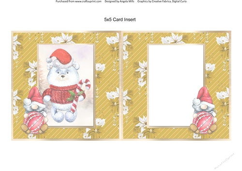 Festive Bears 6: Santa Hat Polar Bear 5 x 5 Blank Card Insert with White/Gold Poinsettias Background