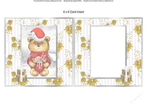 Festive Bears 11: Cocoa Cup Bear 6 x 6 Blank Card Insert with Gold/White Poinsettias Background